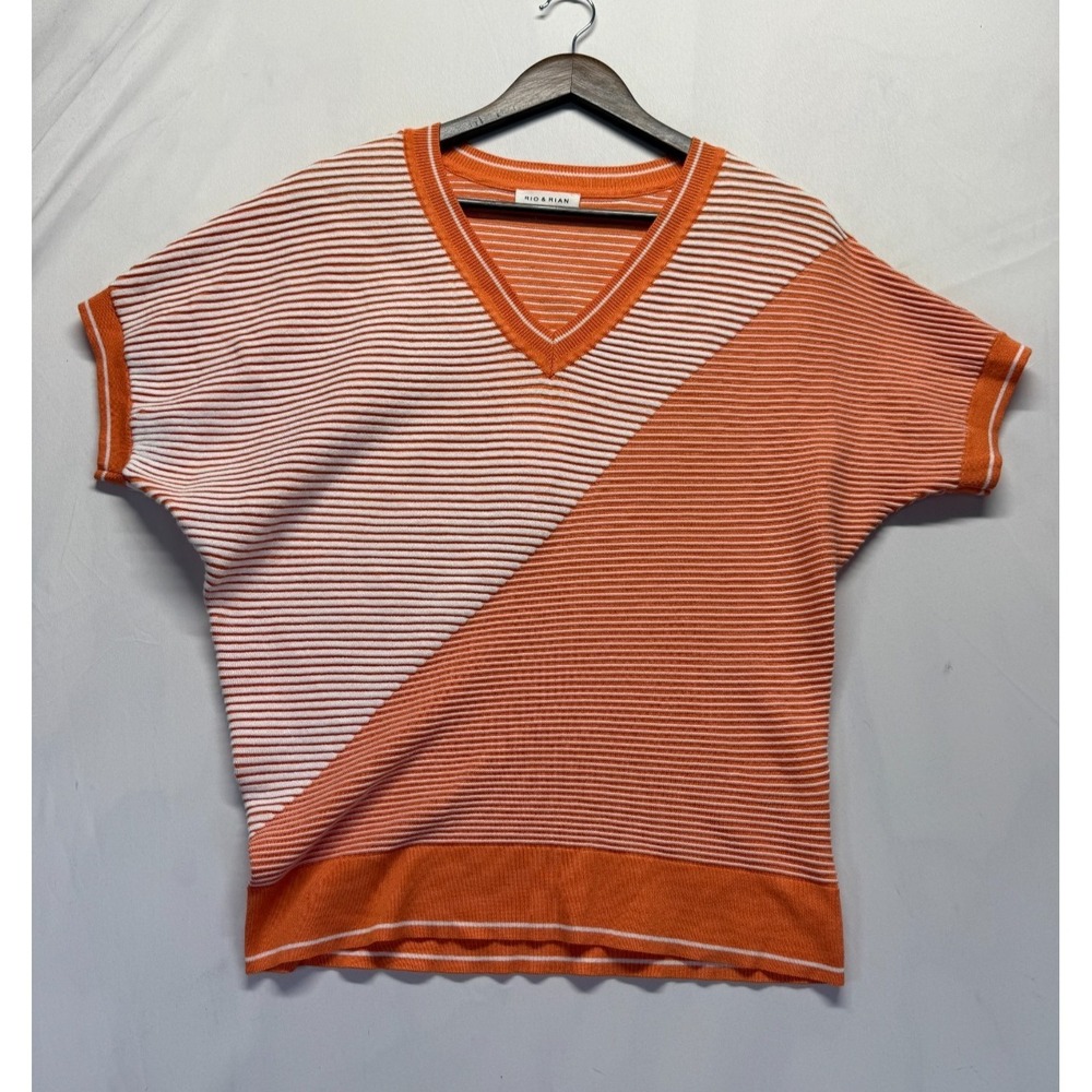 Rio & Rian Sweater Womens Medium Orange White Striped Knit Ribbed Dolman Sleeves